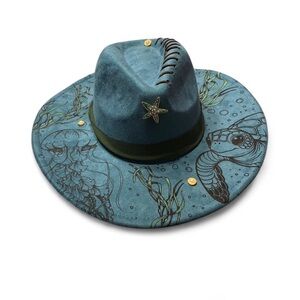 Blue Wide Brim Hat with Sea Life Design